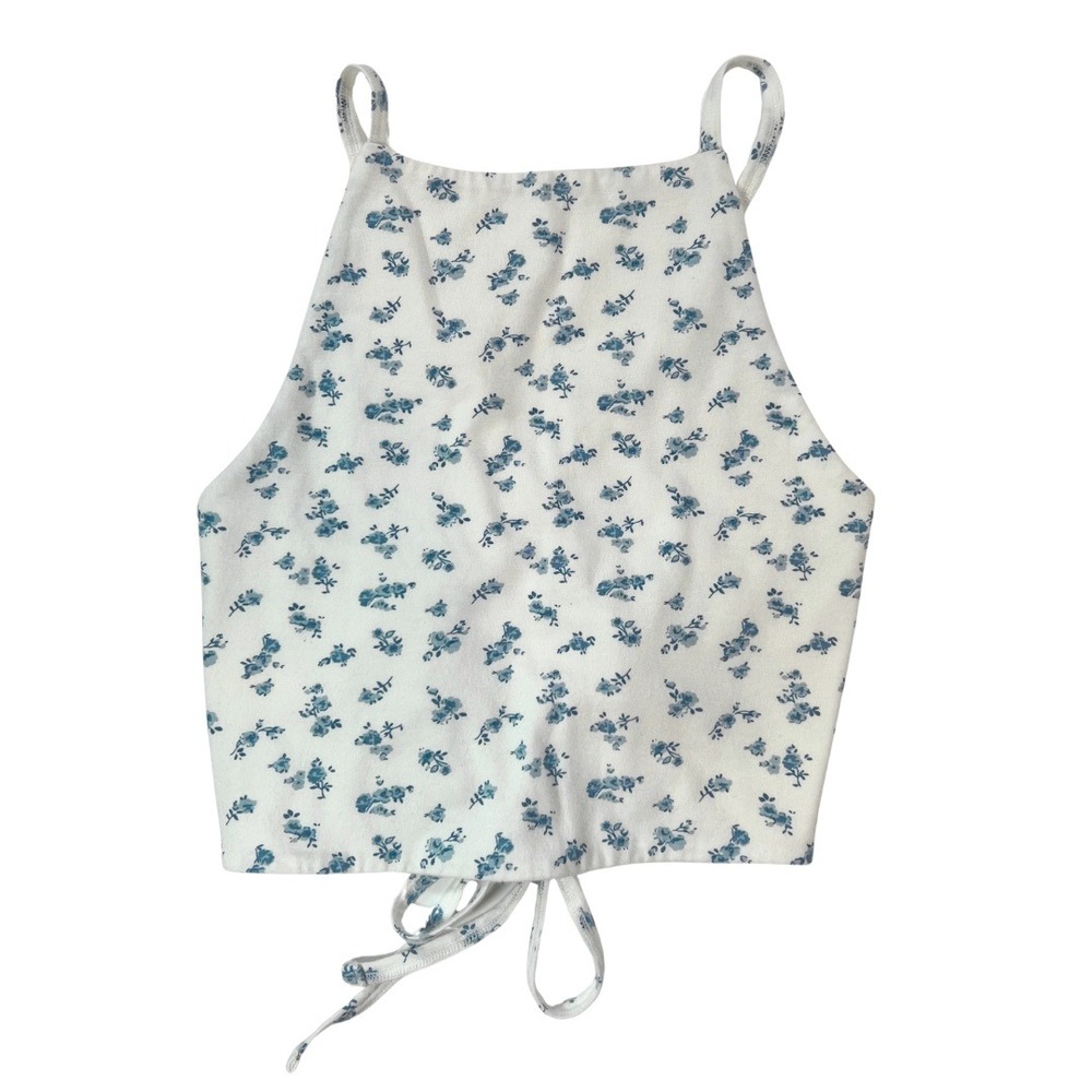 Hollister Floral High Neck Open Back Tie Crop Top White Blue XS
